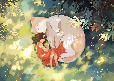 Girl Sleeping with Giant Cat
