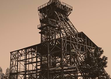 Industrial Mine Headframe in Monochrome