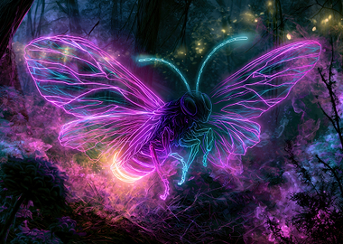 Neon Glowing Butterfly in Enchanted Forest