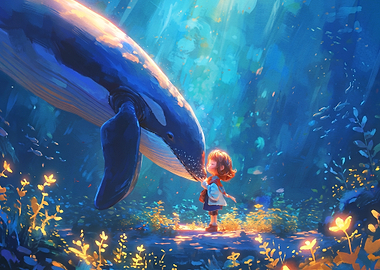 Girl Touching a Magical Whale
