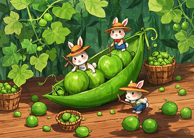Cute Bunnies Harvesting Green Peas