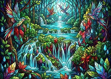 Stained Glass Hummingbird Waterfall Forest