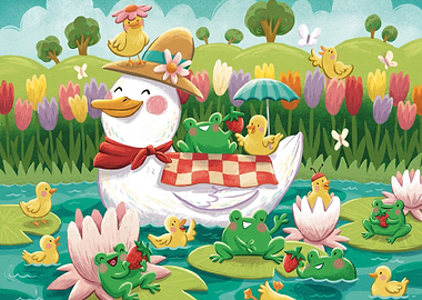 Cute Duck and Frog Picnic Illustration
