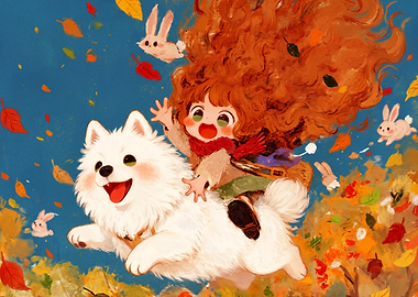 Girl Riding Fluffy Dog in Autumn