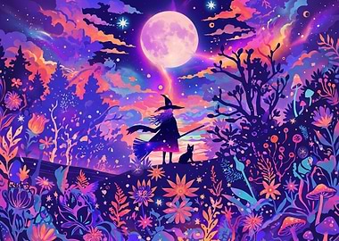 Witch and Cat Under Neon Moon