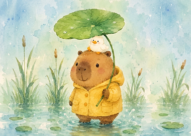 Capybara and Duckling in Rain