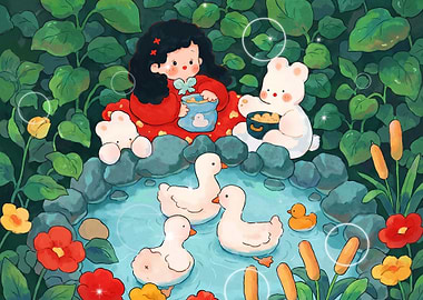 Girl and Bear Feeding Ducks