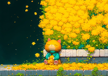 Cute Cat Resting Among Yellow Flowers