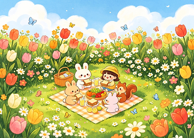 Cute Picnic with Animals and Girl