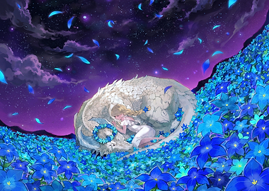Girl Sleeping with Dragon in Flowers