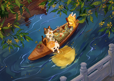 Cats Celebrating Mid-Autumn Festival on Boat
