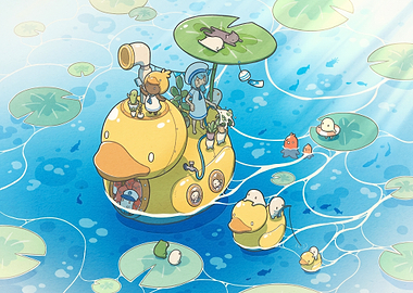 Whimsical Duck Submarine Pond Scene