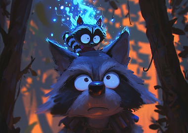 Magical Raccoon Duo in Forest