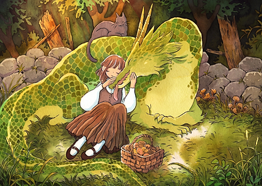 Girl Cuddling a Gentle Dragon