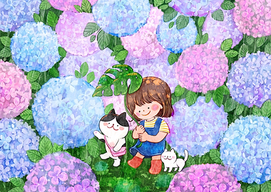 Girl and Cats in Hydrangea Garden