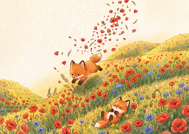 Two Cute Foxes Playing in Poppies