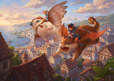 Fantasy Riders Soaring Over Town