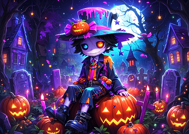 Chibi Halloween Scarecrow on Pumpkins