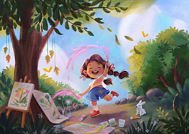 Happy Girl Painting in Nature