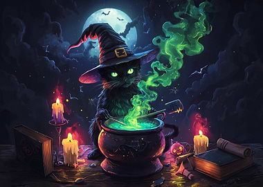 Cute Witch Cat Brewing Magic Potion