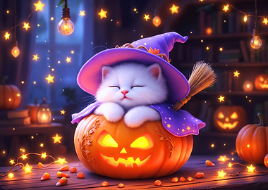 Cute Kitten in Halloween Pumpkin