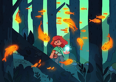 Girl Exploring Magical Glowing Forest