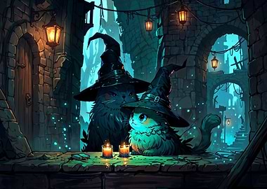 Two Magical Cats in Witch Hats