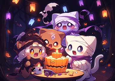 Cute Halloween Cats Celebrating