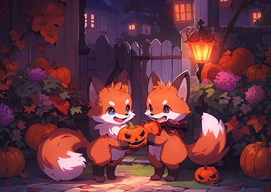 Cute Foxes Celebrating Halloween