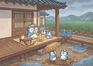 Cute Penguins Enjoying Rainy Day Picnic