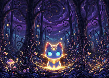 Glowing Magical Cat in Enchanted Forest
