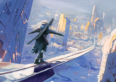 Lone Traveler on Futuristic Sky Bridge