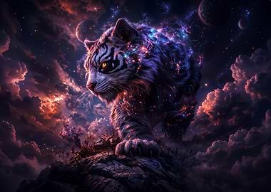 Cosmic Tiger Standing on Mountain Peak