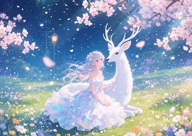 Girl and White Deer in Spring