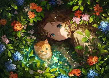 Girl and Kitten in Flower Garden
