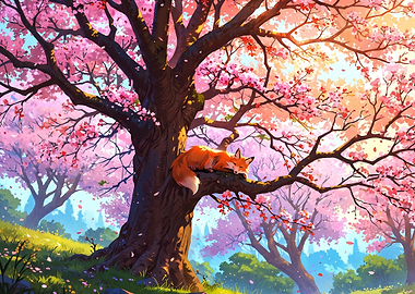 Sleeping Fox in Cherry Blossom Tree