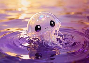 Cute Iridescent Jellyfish in Purple Water
