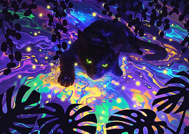 Black Cat in Neon Water