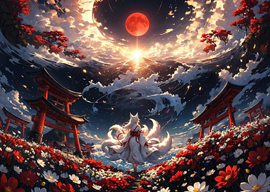 Kitsune Standing Under Red Moon