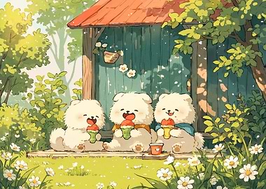 Three Cute Puppies Eating Ice Cream