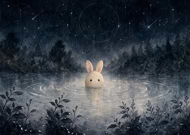 Cute Bunny Swimming Under Starry Sky
