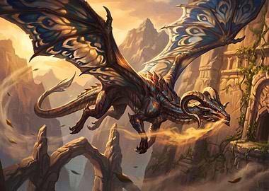 Majestic Dragon Soaring Through Ancient Ruins