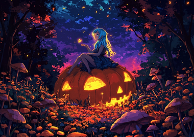 Anime Girl Sitting on Giant Pumpkin