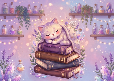 Cute Kitten Sleeping on Magic Books