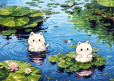 Two Cute Cats in Lily Pond
