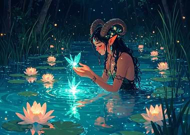 Fantasy Faun Girl in Glowing Pond