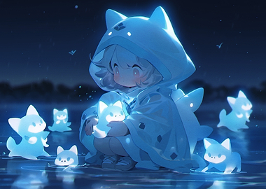 Chibi character with glowing spirit creatures