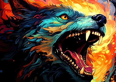 Fiery Wolf Snarling Digital Art