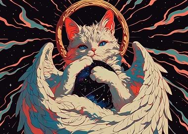 Celestial Angelic Cat Holding Galaxy Orb