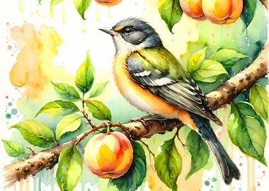Watercolor Bird Perched on Peach Branch